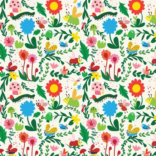 Colorful pattern of flowers, leaves, and insects on a white background