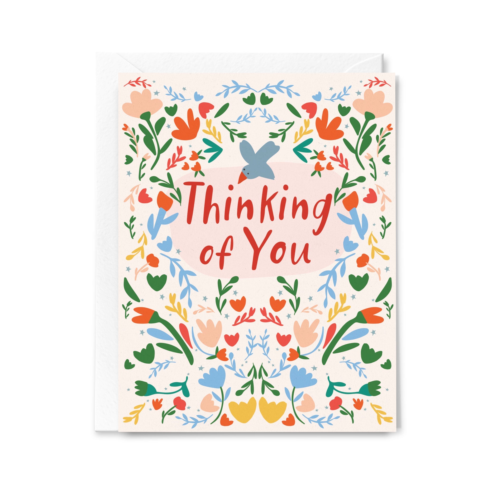Greeting card with colorful floral design and 'Thinking of You' text on a white background