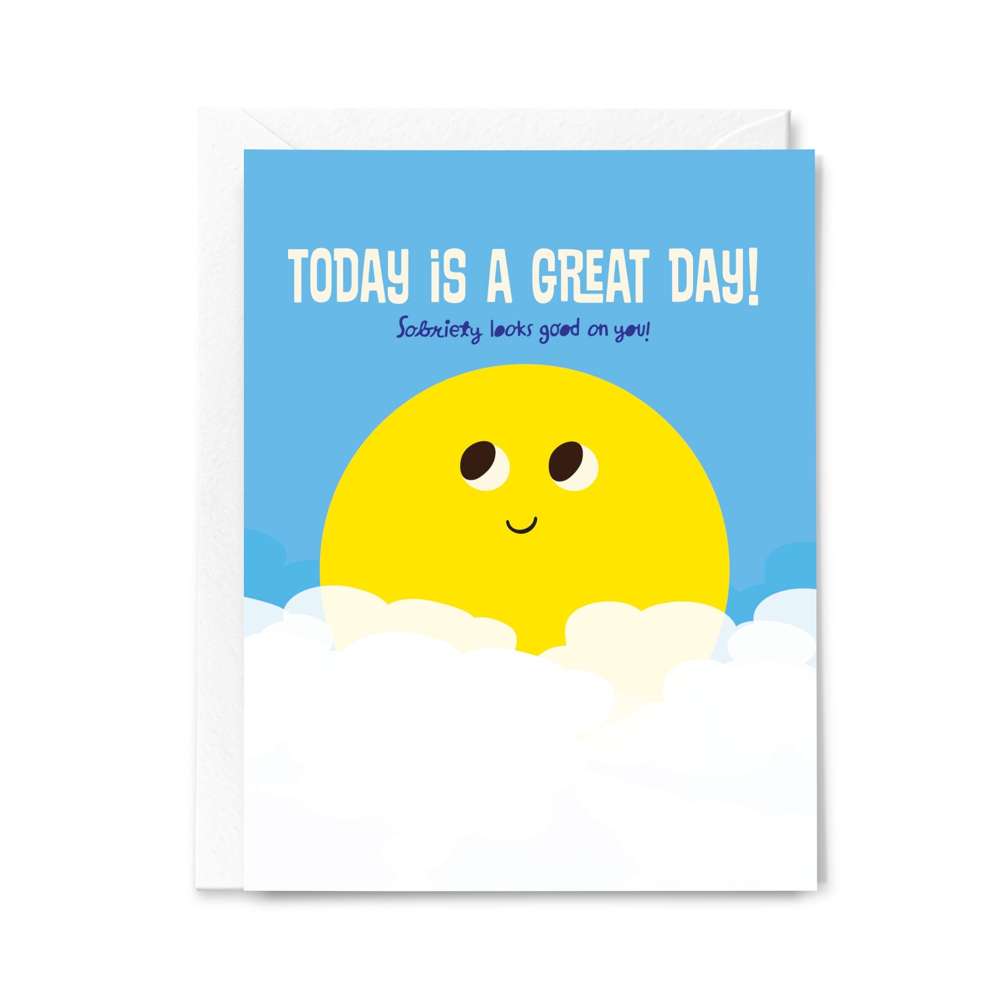 Card with a smiling sun and 'Today is a great day!' text on a blue background
