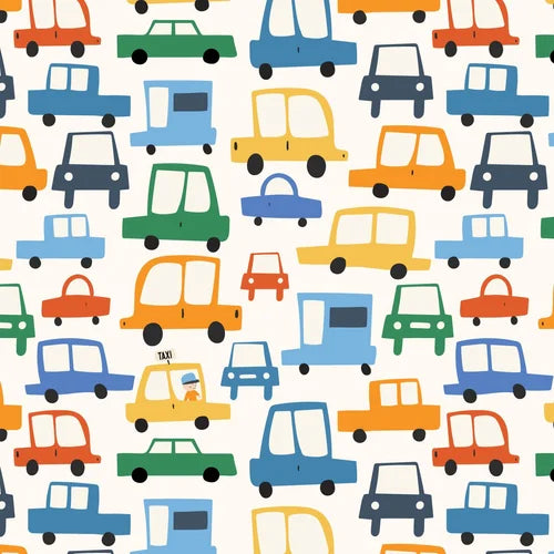 Pattern of colorful cartoon cars on a white background