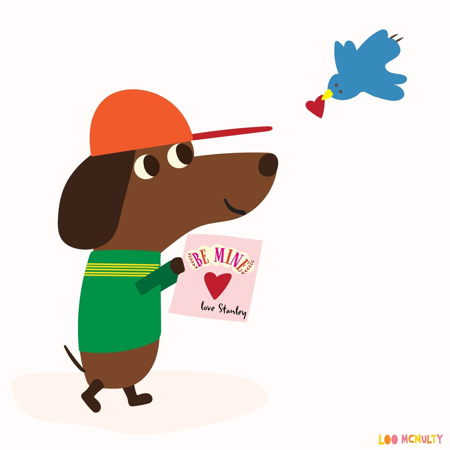 Illustration of a dog holding a Valentine's card with a bird delivering a heart.