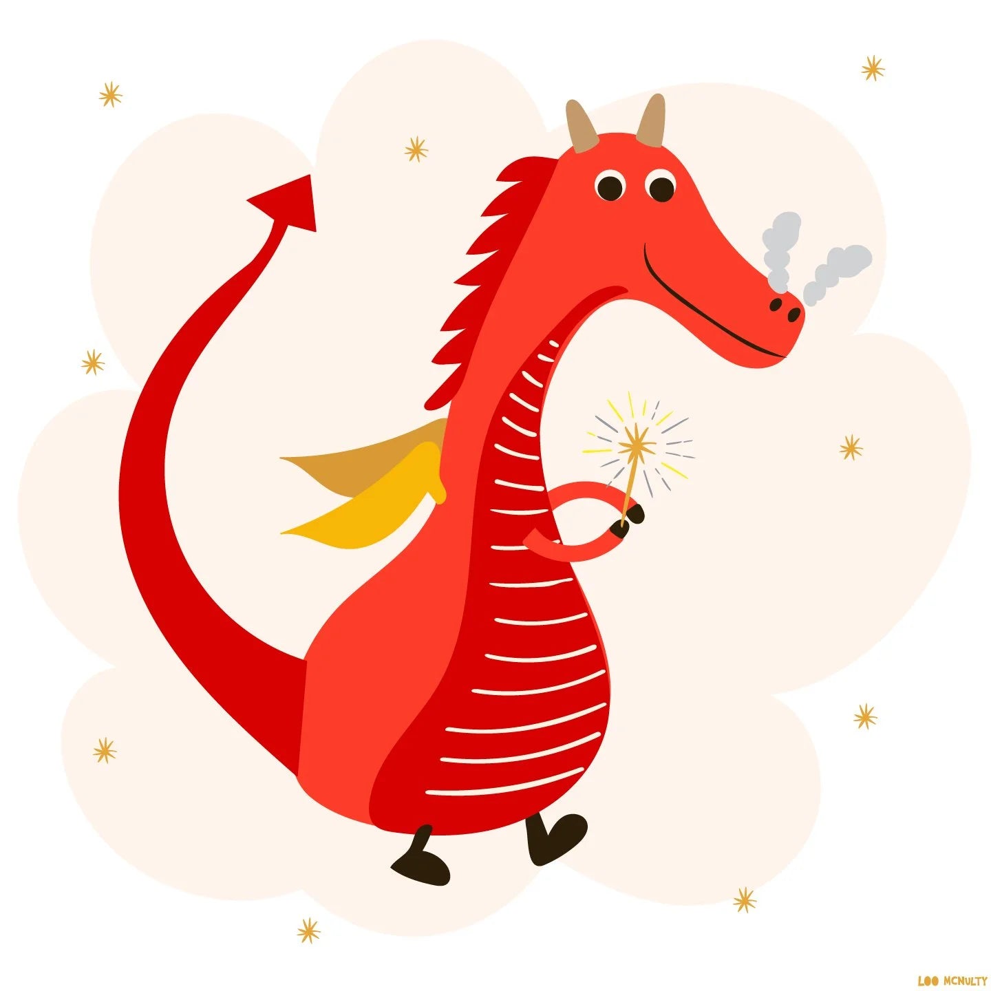 Red dragon holding a sparkler on a beige background
