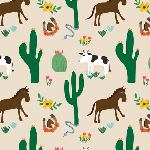 Pattern of horses, cows, cacti, and flowers on a beige background