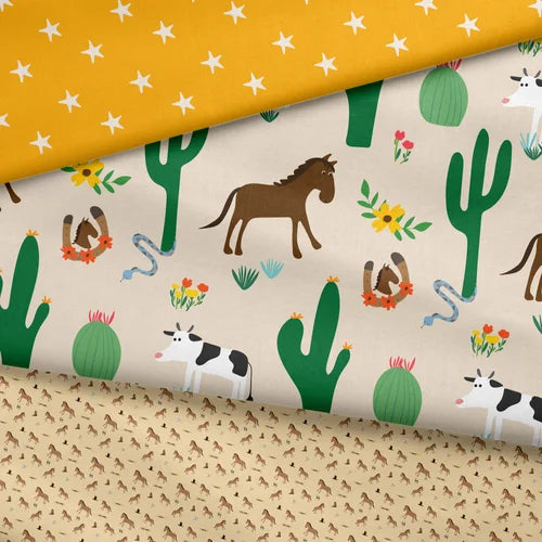 Three different fabric patterns with stars, cacti, horses, and animals on a yellow, beige, and brown background.