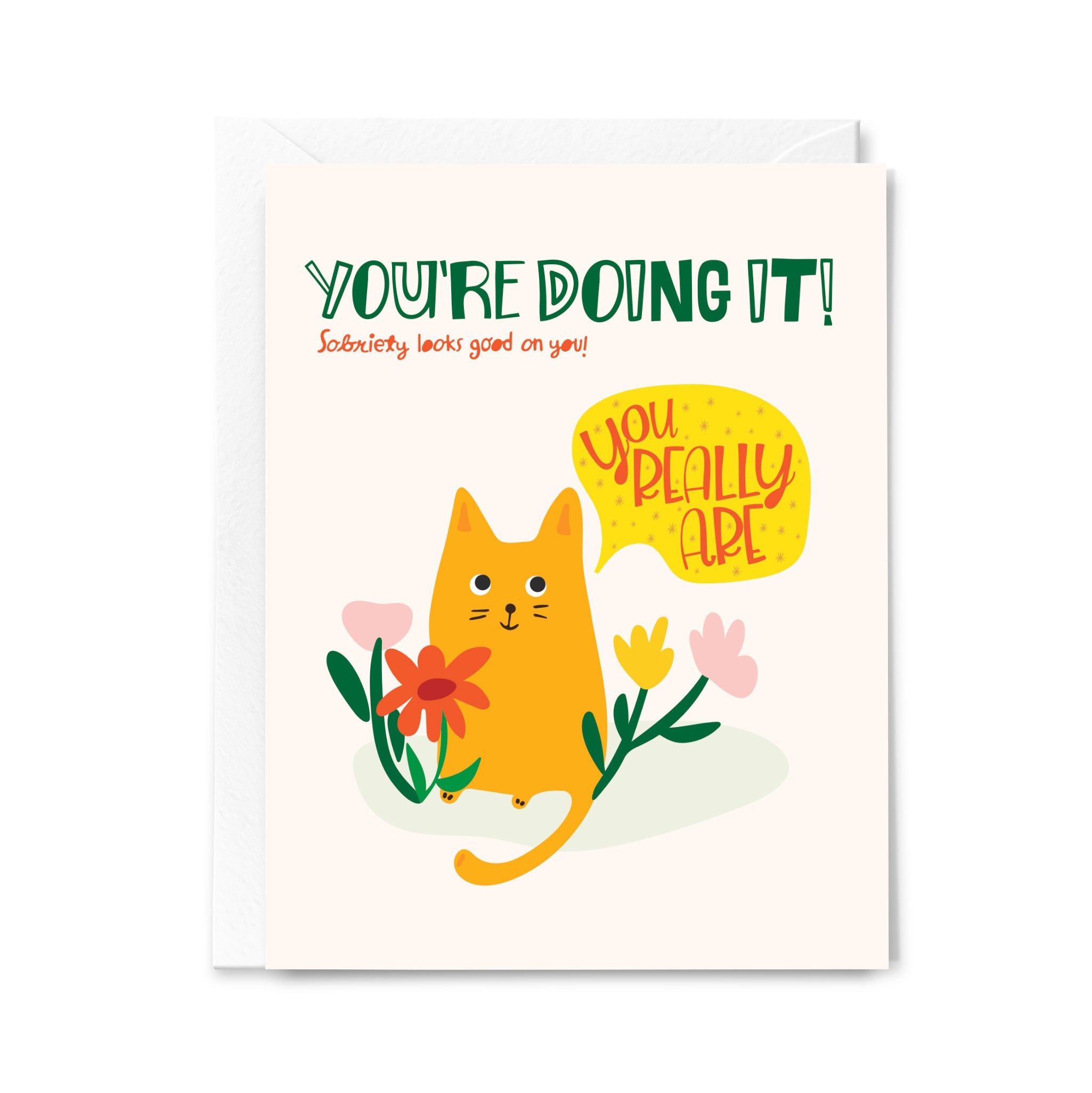 Greeting card with a cat illustration and motivational text on a white background
