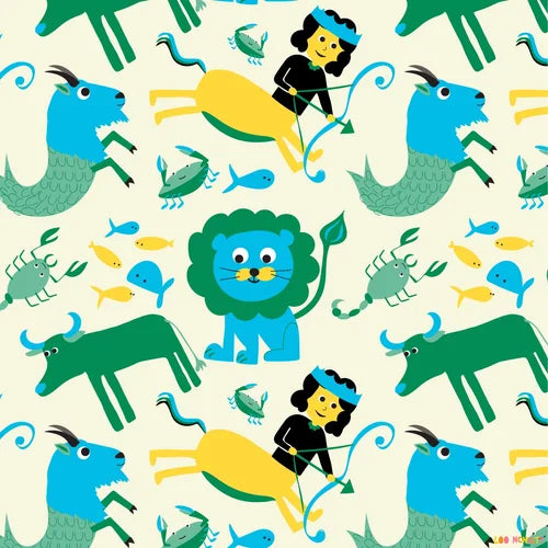 Colorful pattern with cartoon animals and characters on a beige background